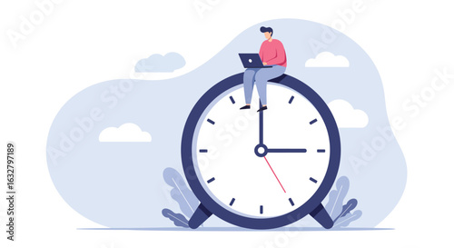Time Management – Man Sitting on Clock with Laptop