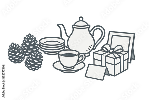 Cozy tea time setup with teapot, cups, and festive decorations during winter season