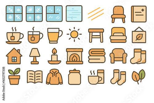 Cozy indoor illustration with seasonal elements featuring warm drinks, furniture, and home comforts for a relaxing atmosphere
