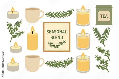 Cozy arrangement featuring seasonal blend tea, candles, and green accents perfect for a calm winter evening