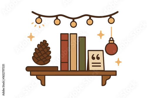 Cozy bookshelf display with holiday decorations, pine cone, and string lights at a home setting