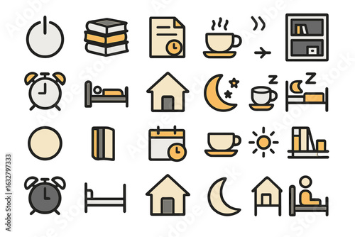 Diverse symbols representing daily routines, activities, and objects in a minimalist style for planners and organization