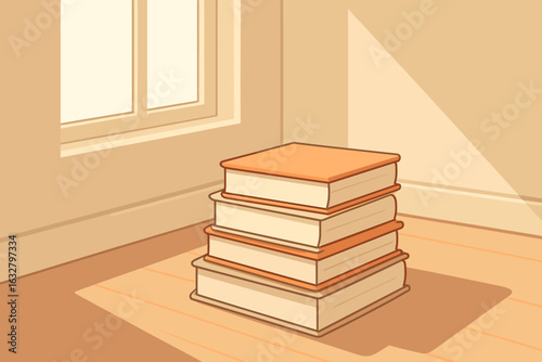 Books stacked neatly in a warm, sunlit room highlighting simple decor and calm atmosphere