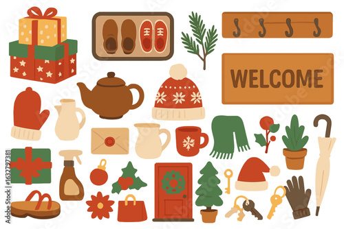 Colorful collection of winter decorations and gifts for a cozy holiday setting in a warm atmosphere