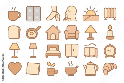Collection of cozy home icons showcasing daily life and comfort elements in a warm color palette