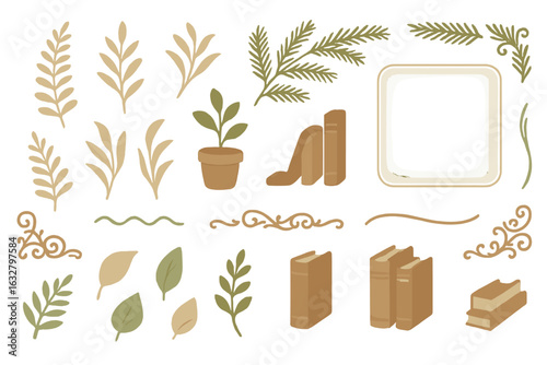 Decorative elements featuring books, plants, and leaves for artistic design projects