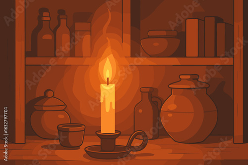 Warm candlelight illuminates rustic shelves filled with jars and pottery in a cozy setting