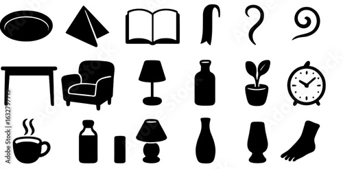 Different silhouettes of everyday objects and furniture arranged in a creative pattern on a white background