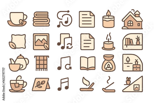 Icons representing relaxation activities and home comforts in a cozy and inviting style