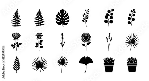 Collection of stylized, black silhouette illustrations depicting various plant life forms and floral arrangements.
