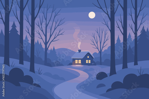 Cozy cottage in a tranquil winter landscape under a full moon at dusk