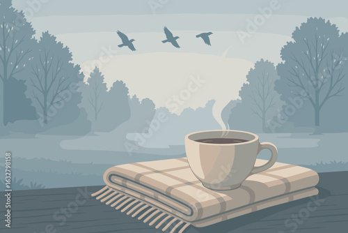 Morning coffee on a cozy blanket with tranquil landscape and birds flying at dawn