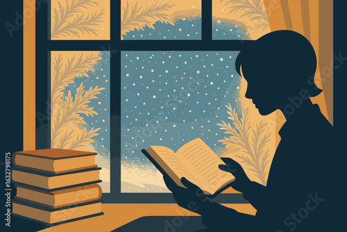 Silhouette reading by frosted window with snowfall and book stack on cozy winter evening – retro vector illustration