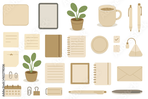 Minimalist workspace icon set featuring stationery, coffee, potted plants, notebooks, lamps, and desktop accessories in warm neutral tones