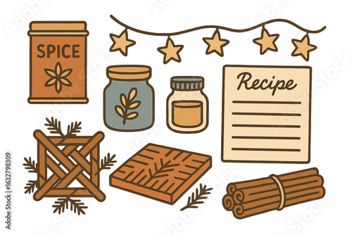 Warm festive kitchen illustration with spice jars, cinnamon sticks, recipe card, star string lights, and rustic holiday decor
