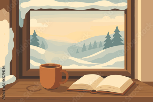 Cozy winter morning scene with hot coffee and open book on windowsill overlooking snowy hills and pine trees at sunrise