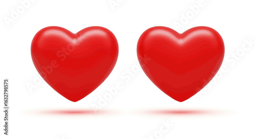 Two glossy, vibrant red hearts, positioned side-by-side against a plain white background.