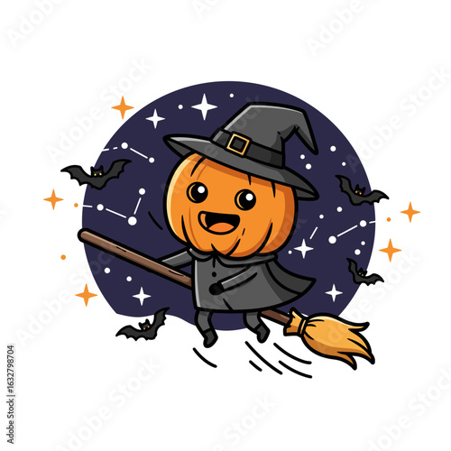 A cute pumpkin character wearing a witch's hat, flying on a broom in a starry night sky.