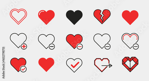 Collection of diverse heart icons showcasing various states and actions.