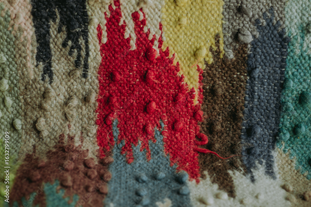 Fototapeta premium Close-up of traditional handmade Hutsul woolen rug with colorful woven texture. Natural fibers and folk patterns reflect Ukrainian cultural heritage and artisanal craftsmanship.