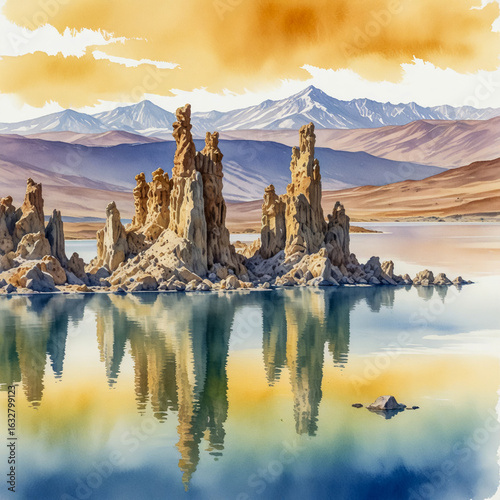 Watercolor illustration of the Sierra Nevada Mountains from Mono Lake, California, USA Alkaline lake with unique tufa towers, distant granite peaks glowing in soft golden light.
