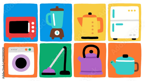 A vibrant collection of household appliances illustrated in a modern flat design. Icon set featuring kitchen and home electronics for daily chores.