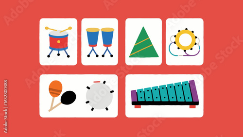 A vibrant collection of illustrated musical percussion instrument icons, including drums, xylophone, and maracas.