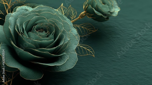 Fototapeta Naklejka Na Ścianę i Meble -  Green rose with gold leaves is the main focus of the image. The rose is surrounded by a green background