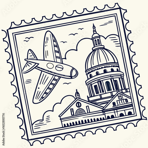 Vintage USA postage stamp with French flag featuring old architecture and postmark design
