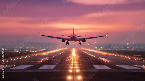 Light plane taking off from  the run way at night. Illuminated airport airplane landing on runway at sunset. Plane departure airways airport lights. Passenger flight airlines, plane flying sunset. 