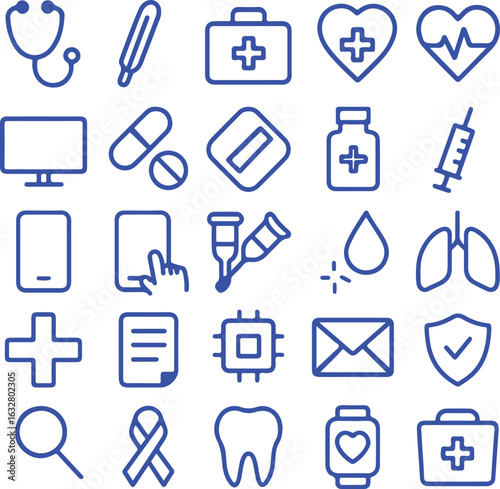 Blue medical icons on white background stethoscope