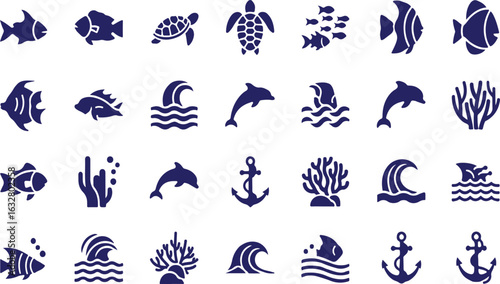 Collection of Dark Blue Marine Life and Nautical Icons
