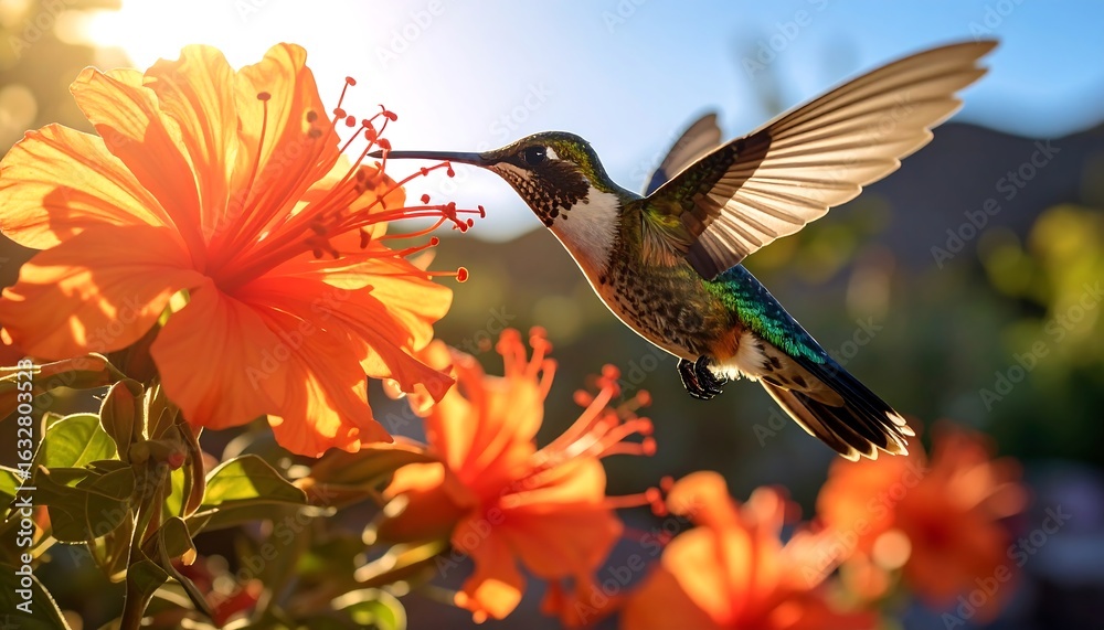 Fototapeta premium Hummingbird in flight, feeding on a bright orange hibiscus flower