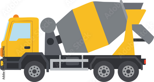 Concrete mixer truck illustration with yellow and gray colors in flat design style for construction industry use 