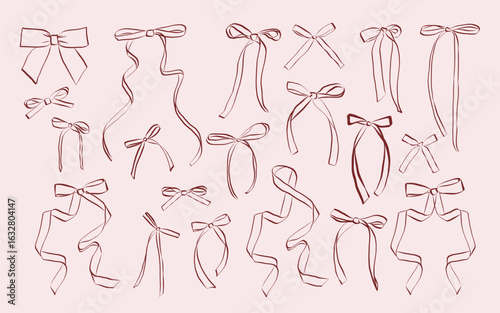 Set of bow knots and ribbon in hand drawn coquette style. Whimsical chalk doodles for girls bachelorette. Crayon drawing for gift wrapping, party decoration, present. Doodle vector illustration