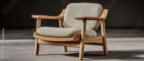 A wooden chair with a white cushion sits on a concrete floor. The chair is simple and unadorned, with no visible decoration or embellishment. Scene is calm and unpretentious