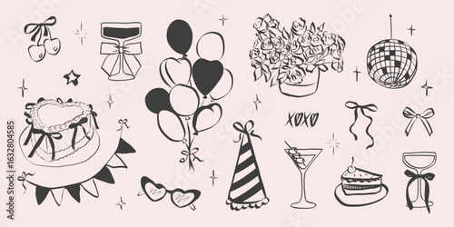 Birthday party set in hand drawn coquette style. Whimsical chalk doodles for girls bachelorette. Crayon drawing for menus and invitations. Doodle vector illustration