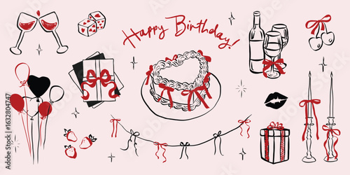 Birthday party set in hand drawn coquette style. Whimsical chalk doodles for girls bachelorette. Crayon drawing for menus and invitations. Doodle festive vector illustration