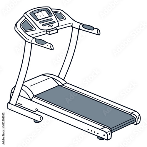 Illustration of a treadmill with a gray running surface and a display panel for workout information created with generated ai