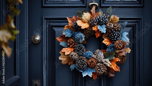 Autumnal wreath on a dark blue door
