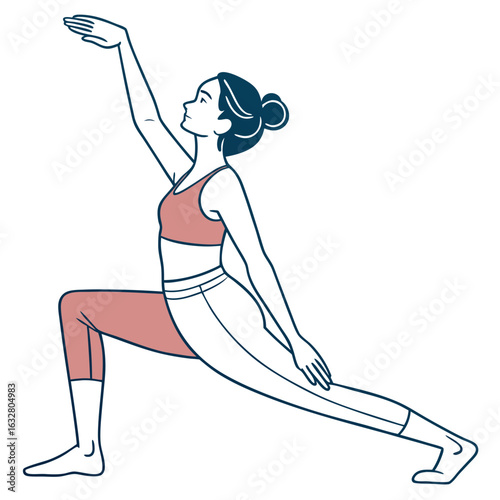Woman in yoga pose with one arm raised and one leg extended in a lunge position on white background created with generated ai
