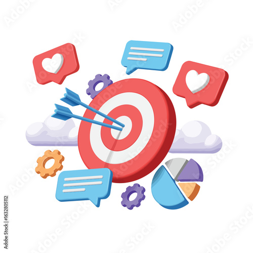 Marketing strategy with target social media icons and pie chart