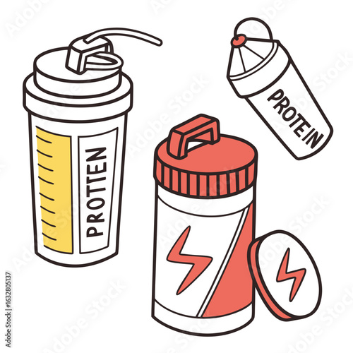 Illustration showing three protein shakers with different designs and labels on a white background created with generated ai