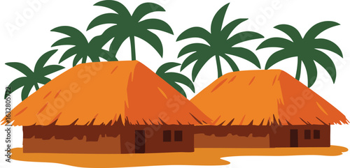 Traditional African thatched huts with palm trees in tropical village landscape vector illustration 