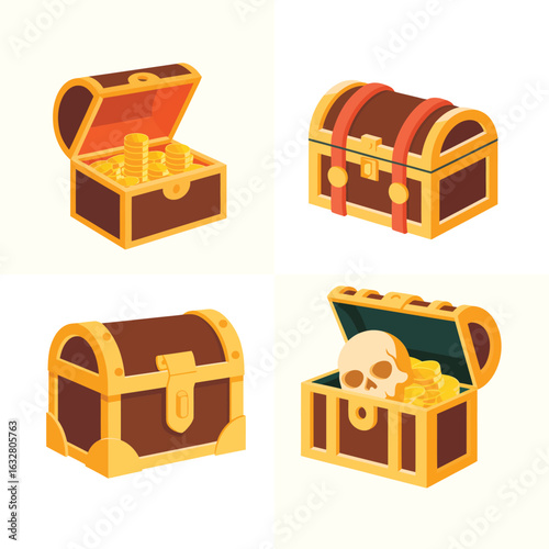 Four cartoon treasure chests with gold coins and skull