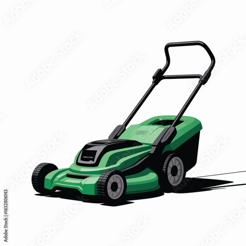 Modern green electric lawn mower on a white background with shadow