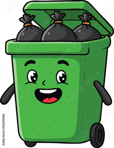 Green smiling trash bin with black garbage bags eco friendly waste disposal cartoon vector illustration 