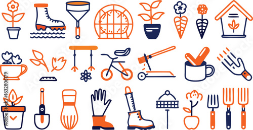 Garden and Outdoor Activity Icons in Orange and Blue nature plant
