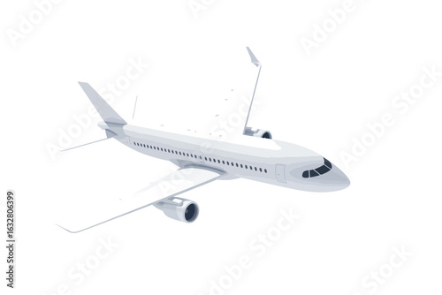 Modern white passenger airplane flying against a clean white background