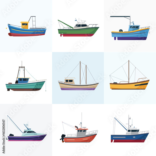 Collection of nine diverse fishing boats and sailboats in a grid layout
